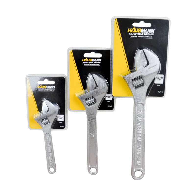 HAUSMANN ADJUSTABLE WRENCH	
• USA TYPE ADJUSTABLE WRENCH	
• CRV STEEL, CHROME PLATED FOR ANTI-RUST	
• MEETS ANSI STANDARDS	
• HARDNESS HRC42-48	
• AVAILABLE SIZE: 6", 8", 10", 12"